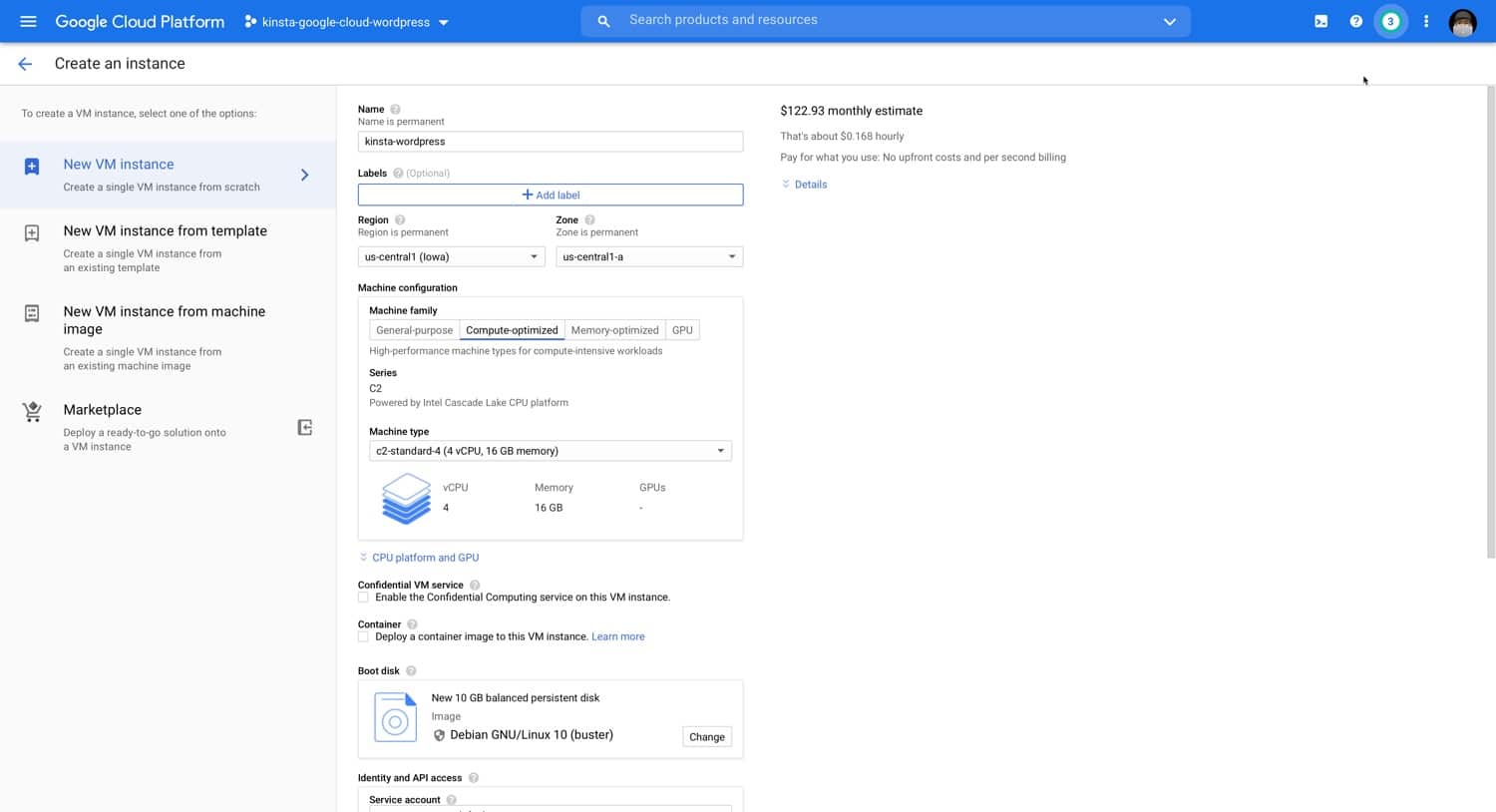 Configuraci&oacute;n de VM de Compute Engine.
