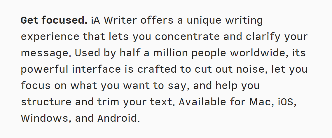 Un anuncio para el editor de rebajas de iA Writer, que comienza con: 