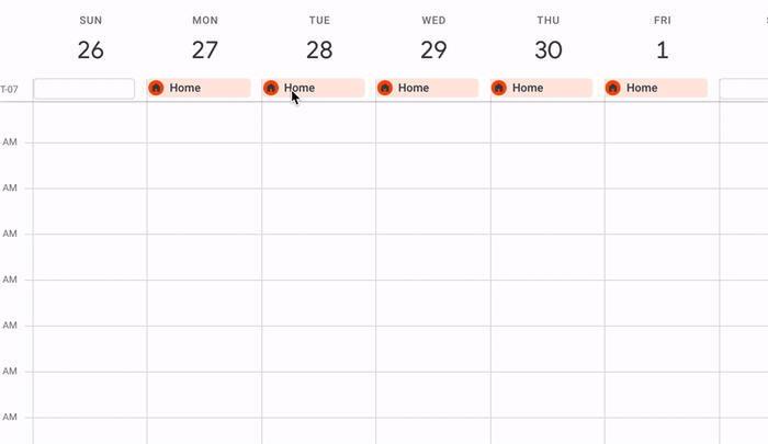 Un GIF que muestra c&oacute;mo cambiar la ubicaci&oacute;n del trabajo en un d&iacute;a determinado en Google Calendar.