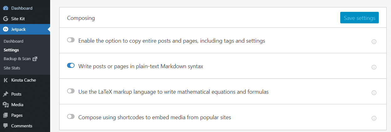 La opci&oacute;n en Jetpack en WordPress para habilitar la sintaxis de rebajas en WordPress.