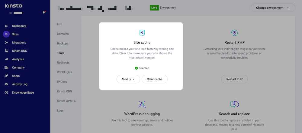 Opci&oacute;n de cach&eacute; del sitio de Kinsta.