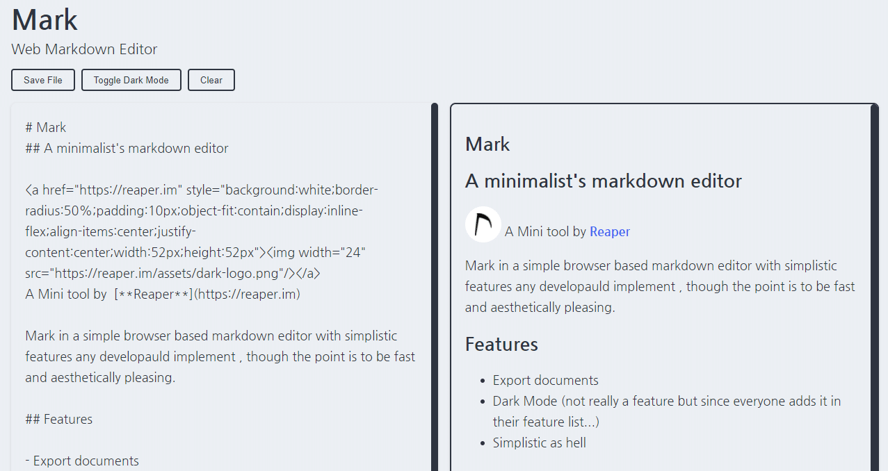 El editor Mark Markdown que muestra texto con Markdown a la izquierda y su texto con estilo resultante a la derecha.