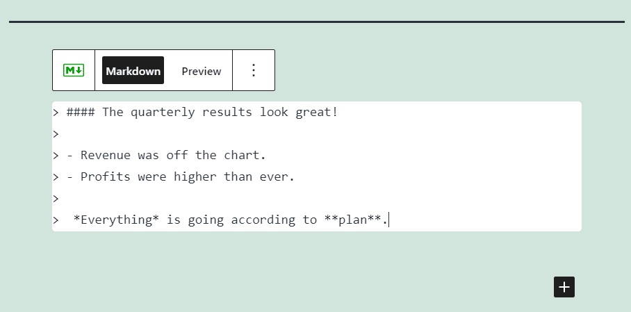 El editor de Jetpack Markdown que muestra el texto de relleno dise&ntilde;ado con markdown.