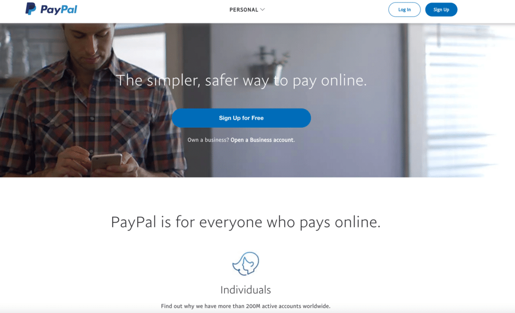 Una captura de pantalla de la p&aacute;gina de inicio de PayPal