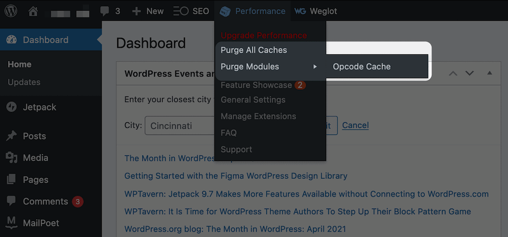 Las opciones para purgar la cach&eacute; en W3 Total Cache.