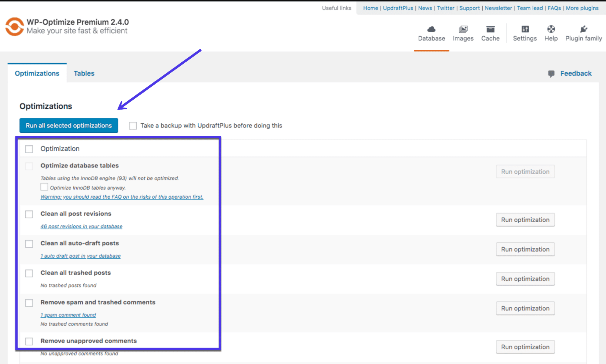 optimizando la base de datos con el complemento