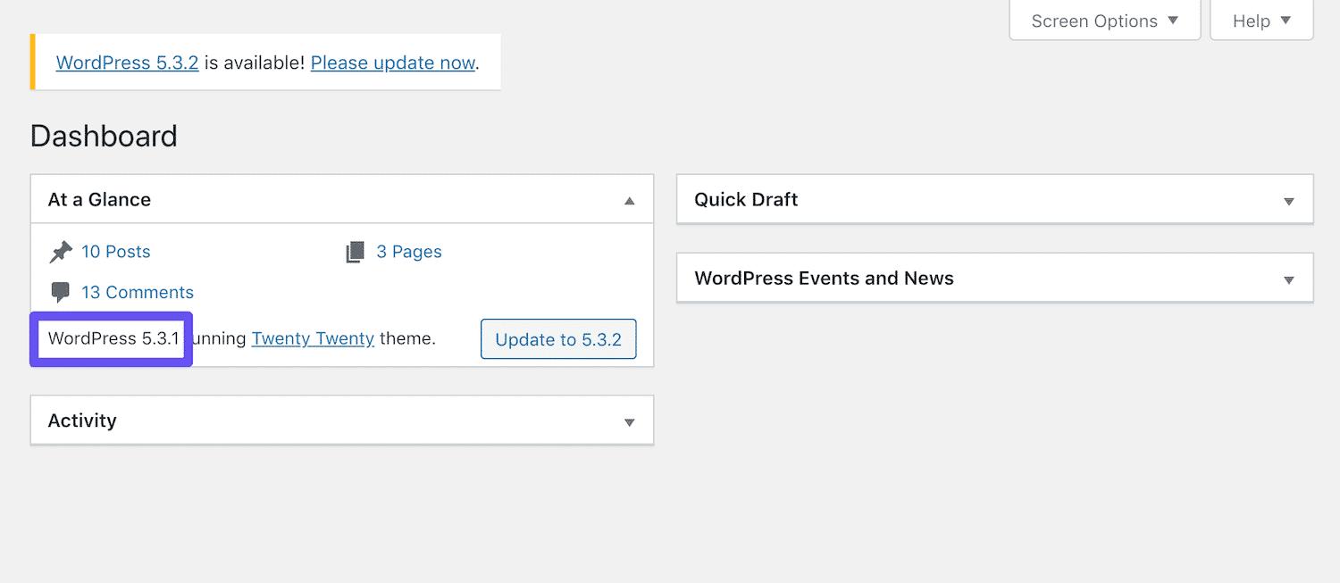 la versi&oacute;n de wordpress en el tablero