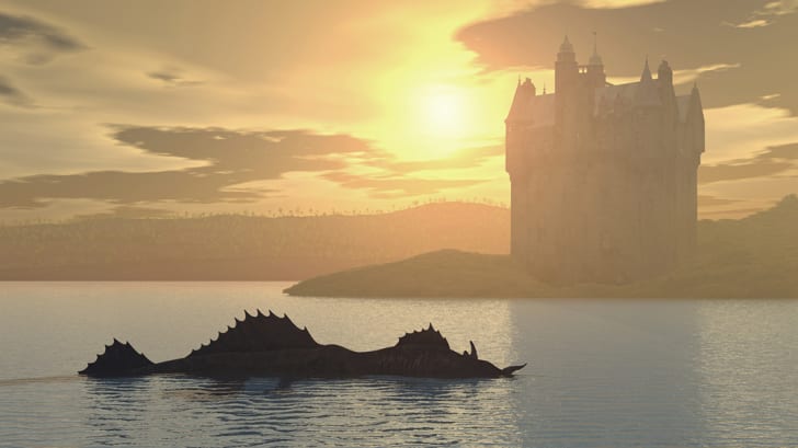 Un monstruo escamoso del lago Ness con un castillo escoc&eacute;s de fondo
