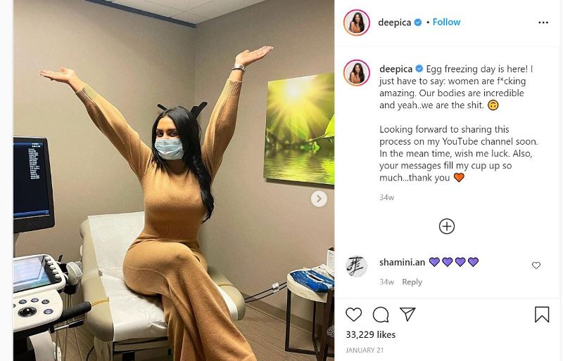 Una imagen de Deepica en Instagram antes de pasar al proceso de congelaci&oacute;n de &oacute;vulos