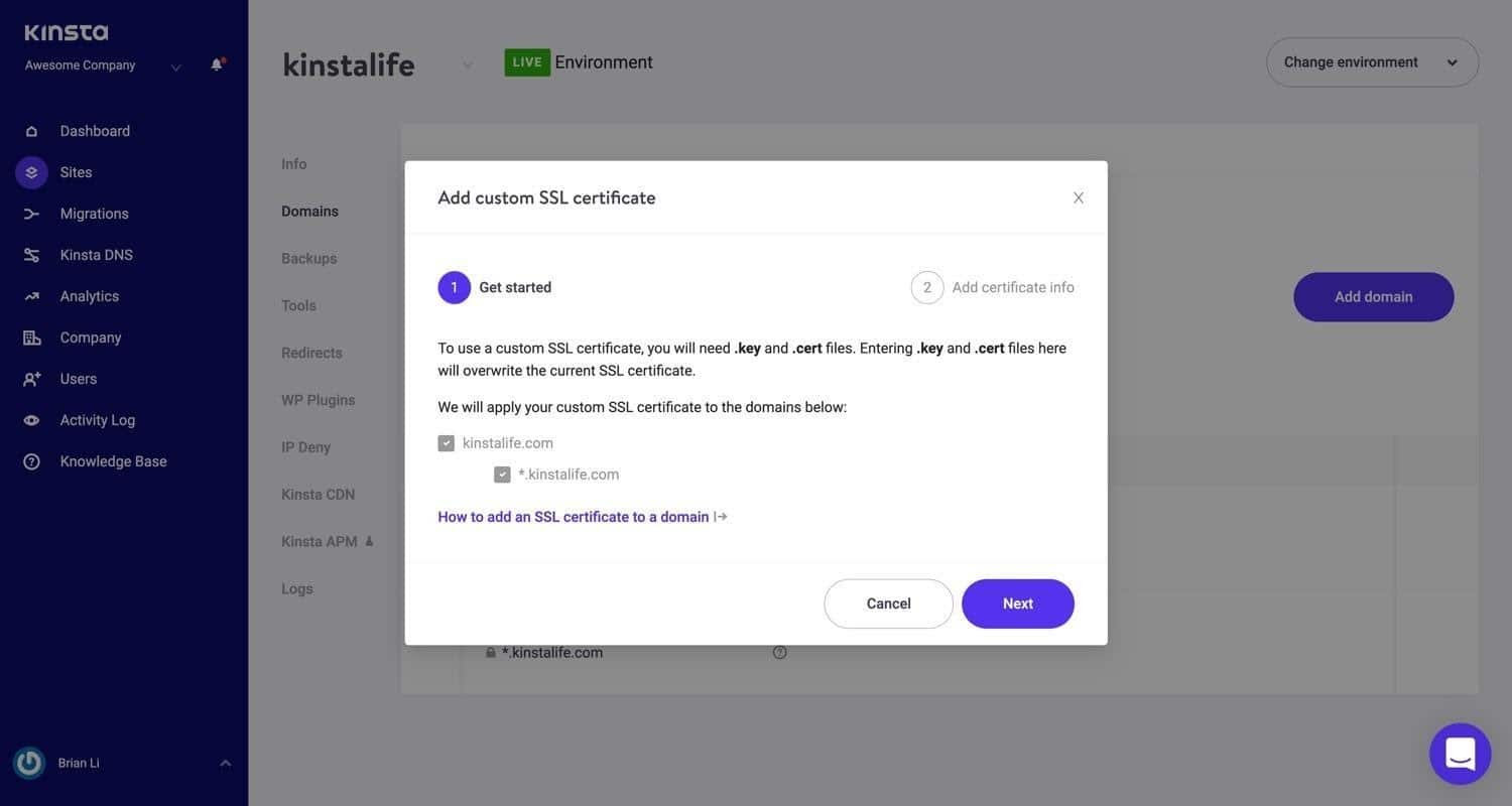 Certificado SSL di&aacute;logo de la ventana de instalaci&oacute;n a trav&eacute;s de MyKinsta.