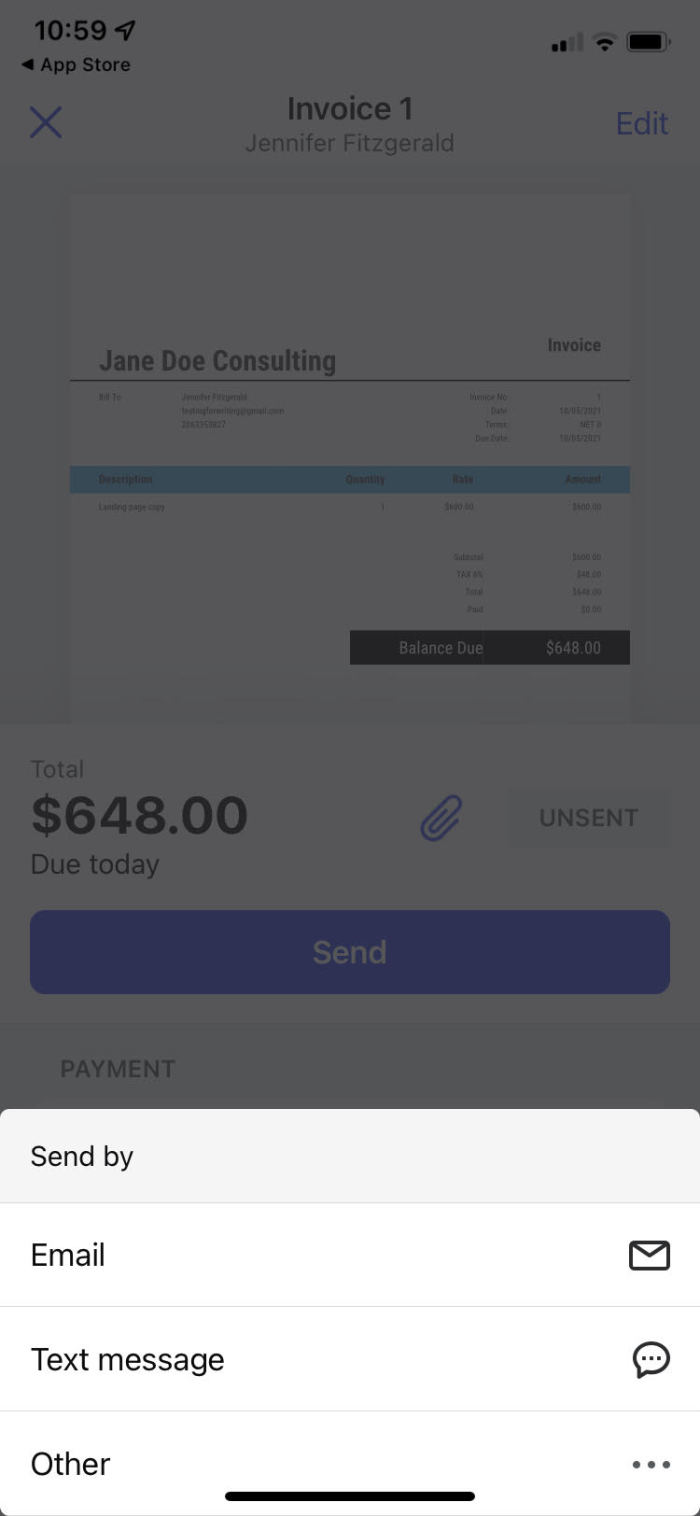 Env&iacute;o de facturas de Invoice2go por correo electr&oacute;nico, aplicaciones de mensajes de texto o mensajes