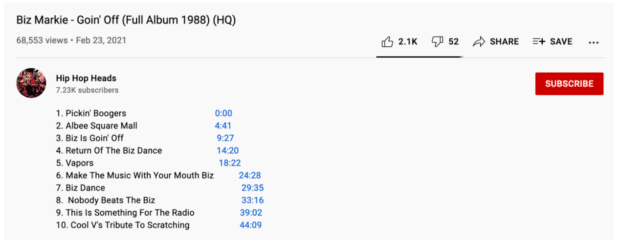 Marcas de tiempo de video de YouTube de Hip Hop Heads