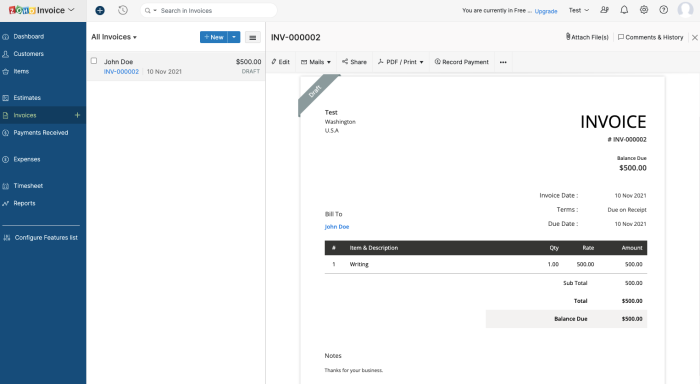 generador de facturas en Zoho Invoice