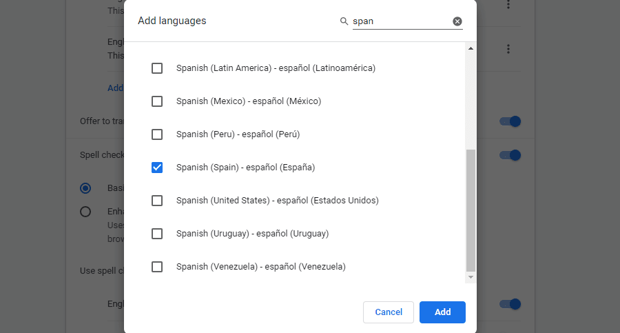 El cuadro emergente agregar un idioma a Chrome