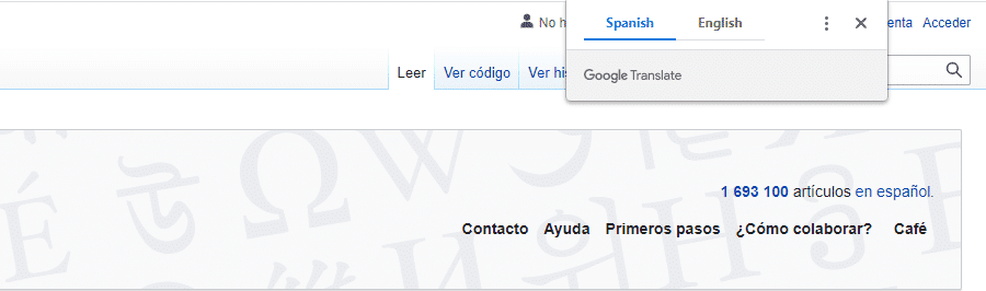 La ventana emergente de traducci&oacute;n en Google Chrome en una p&aacute;gina de Wikipedia