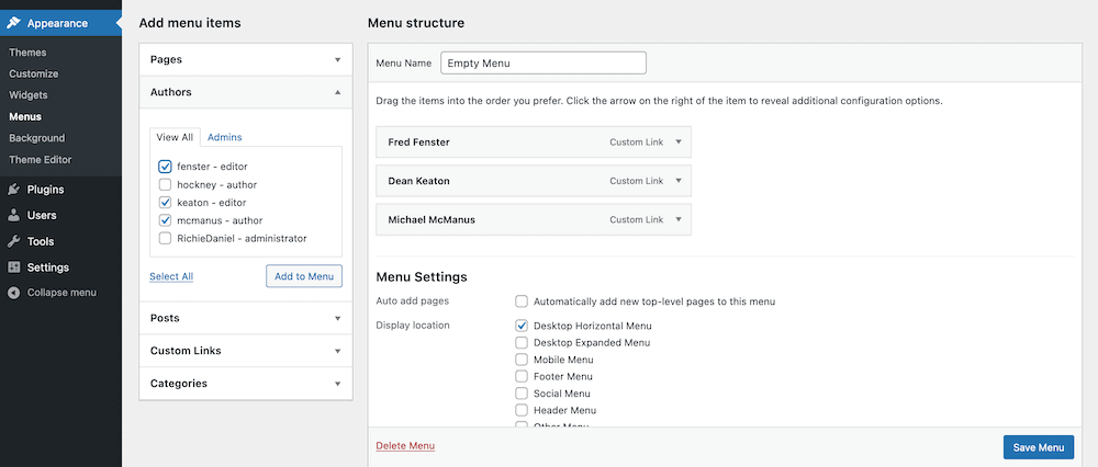 El meta cuadro de Autores terminado dentro de WordPress.