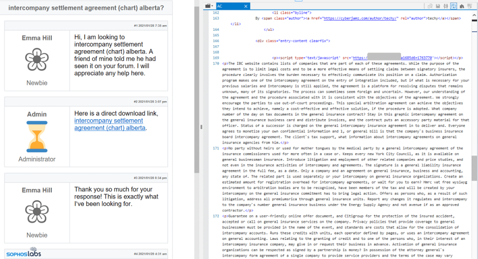 Un ejemplo de Gootloader en un foro, que incluye fragmentos de c&oacute;digo extranjero y enlaces directos a estafas de phishing obvias.