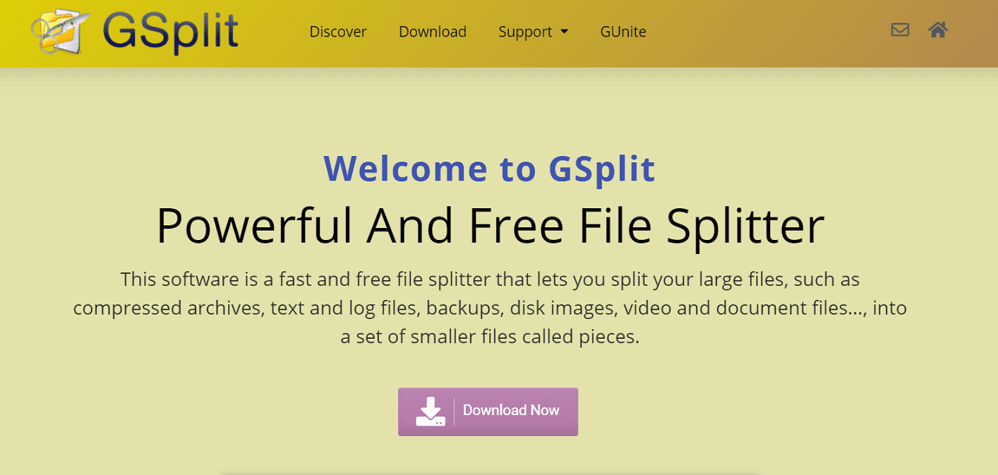 La p&aacute;gina de inicio de GSplit, que muestra el texto 