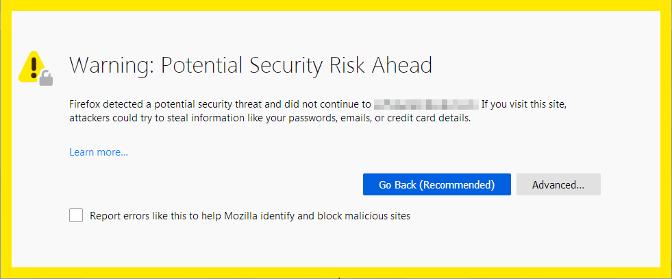 Mensaje de advertencia de riesgo de seguridad de Firefox con el texto 