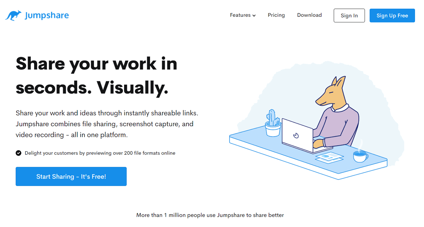 La p&aacute;gina de inicio de Jumpshare, que muestra el texto 