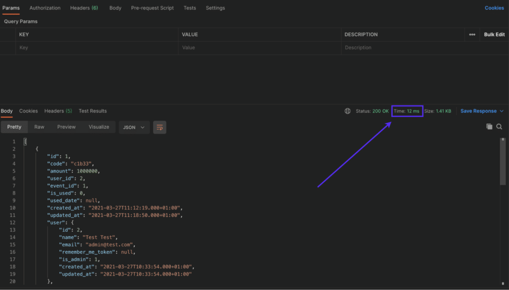 Una captura de pantalla del tiempo de respuesta de la API de Laravel con cach&eacute; implementado.