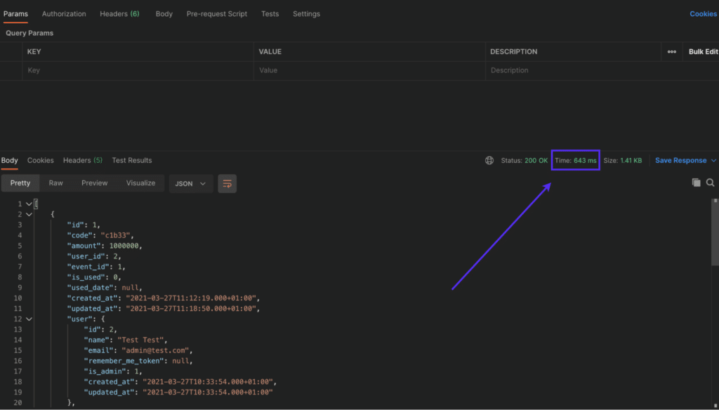 Una captura de pantalla del tiempo de respuesta de la API de Laravel sin cach&eacute; implementado.