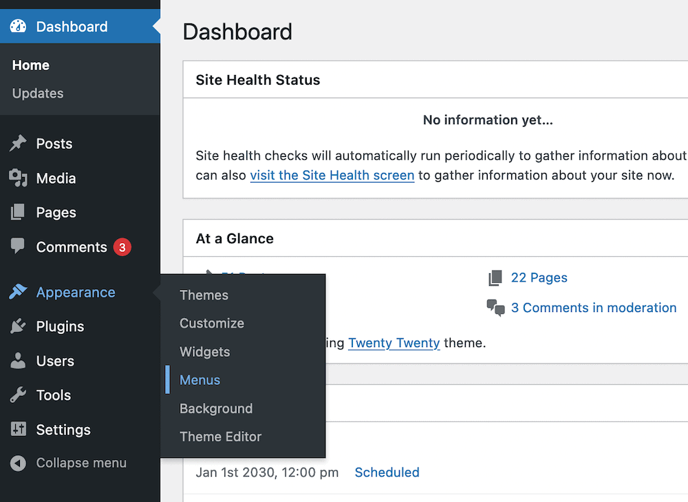 El enlace de los men&uacute;s de WordPress.