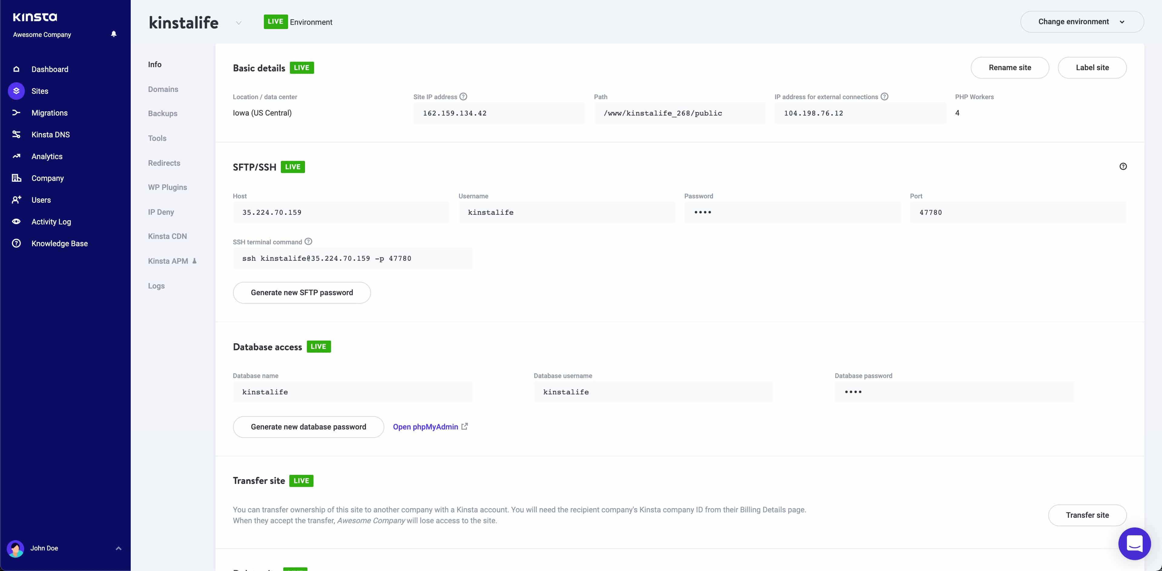Pantalla de sitios de MyKinsta.