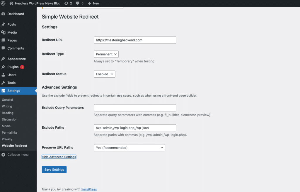 P&aacute;gina de configuraci&oacute;n del complemento Simple Website Redirect.