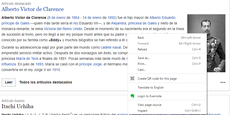 Mostrando el men&uacute; del bot&oacute;n derecho en una p&aacute;gina de Wikipedia y el 