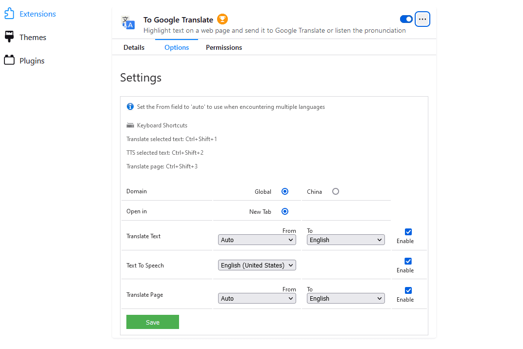 La p&aacute;gina de configuraci&oacute;n de To Google Translate