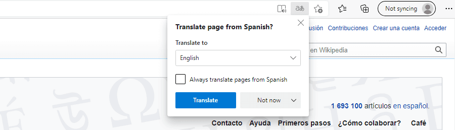 El mensaje de traducci&oacute;n de la p&aacute;gina en Microsoft Edge