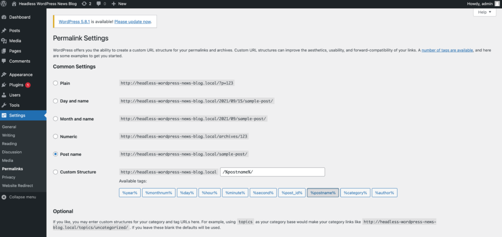 La p&aacute;gina de configuraci&oacute;n del enlace permanente de WordPress.