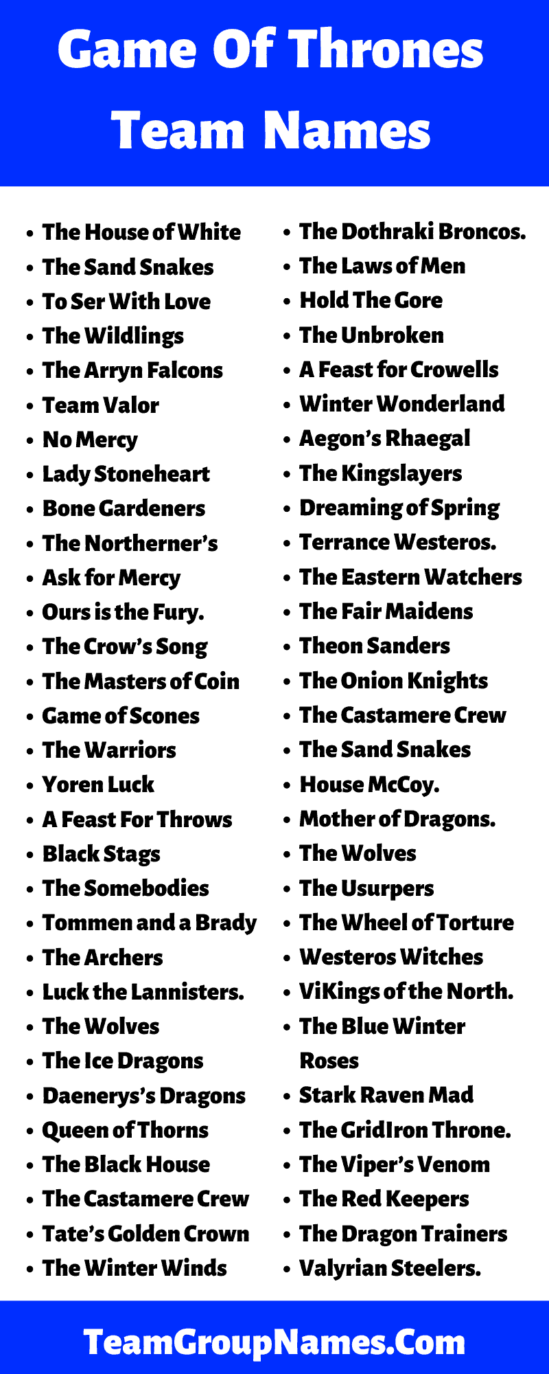 544 nombres de equipos de Game Of Thrones [2021] Para Trivia, Fantasy Football