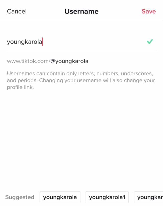 Una captura de pantalla del cambio de nombre de usuario de TikTok