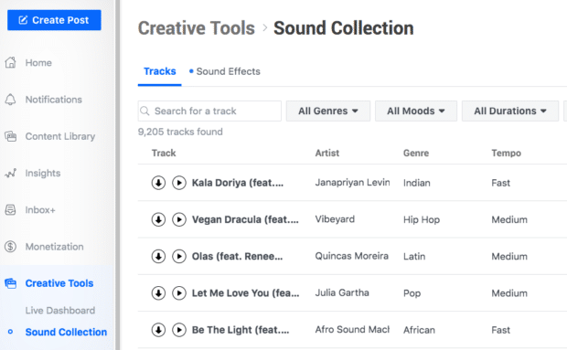 herramientas creativas en Facebook Creator Studio
