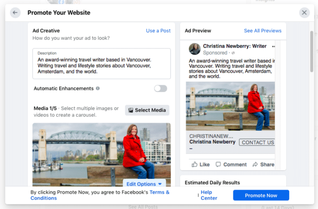 crear anuncios para promocionar su sitio web