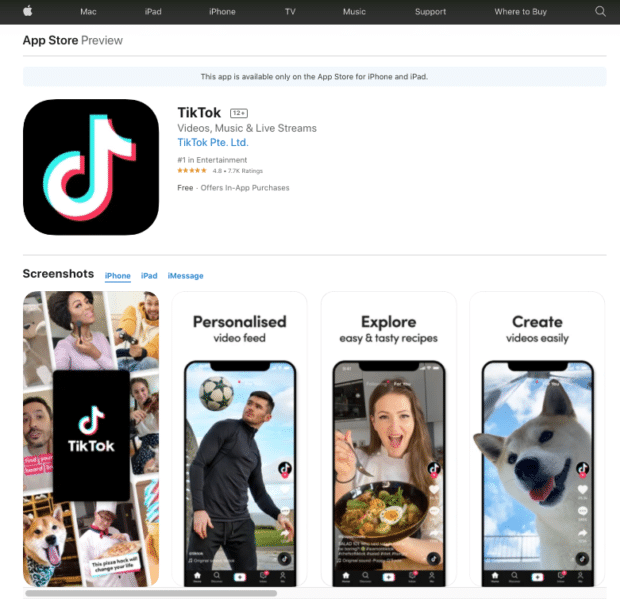 Vista previa de la tienda de aplicaciones TikTok