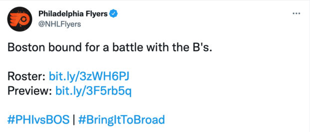 Tweets comerciales de la cuenta del equipo de Philadelphia Flyers