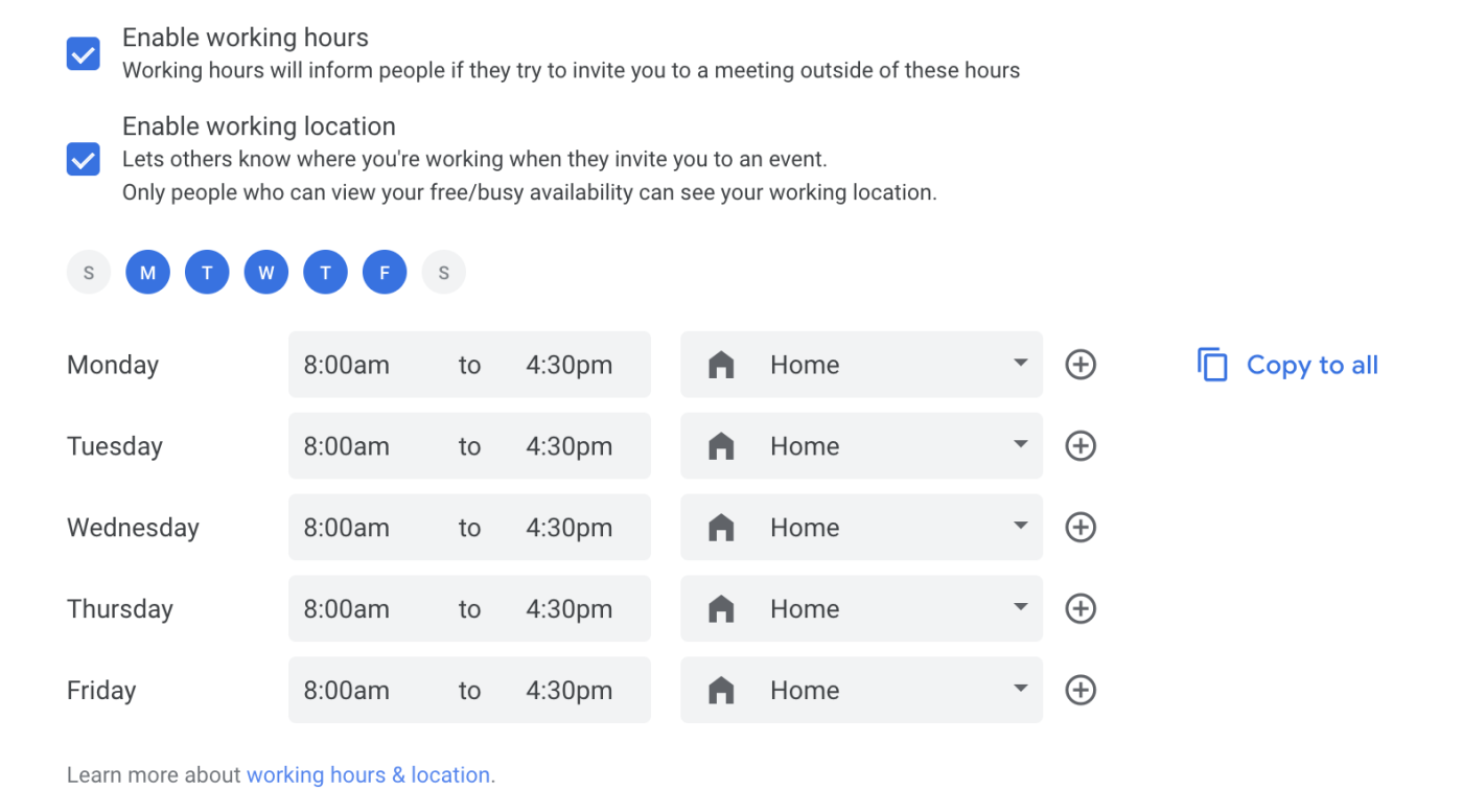 hybrid-remote-work-google-calendar-features-02-set-work-location Mostrando la opción para establecer la ubicación del trabajo en Configuración