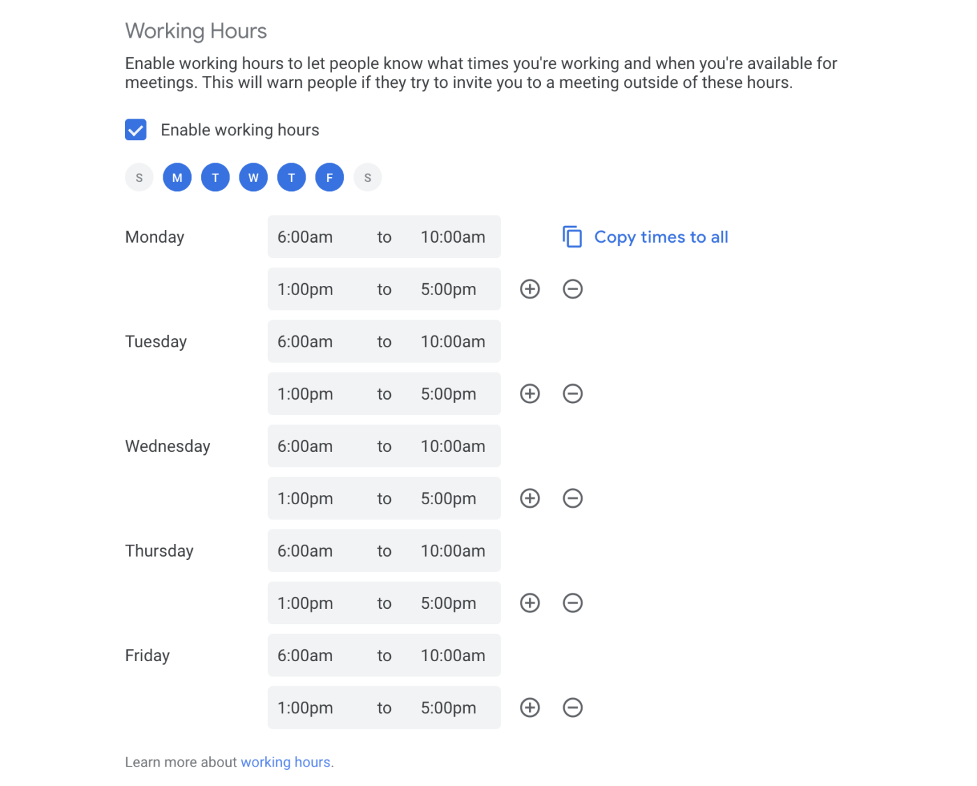 hybrid-remote-work-google-calendar-features-03-set-working-hours Una captura de pantalla de la opción de horas de trabajo en Configuración
