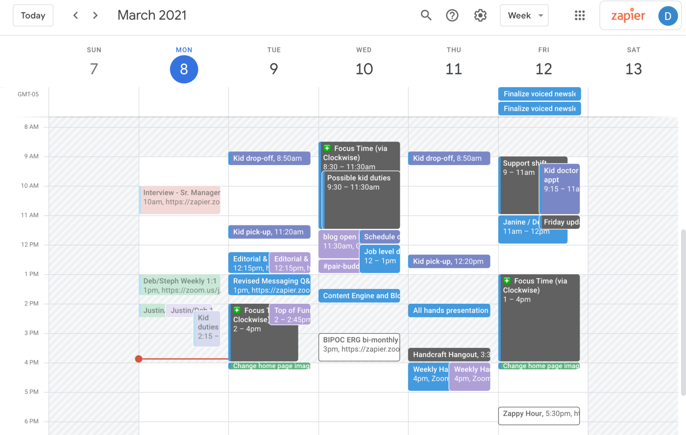 hybrid-remote-work-google-calendar-features-03-working-hours-on-calendar Una captura de pantalla de un calendario que muestra las horas de trabajo; las horas no laborables están atenuadas