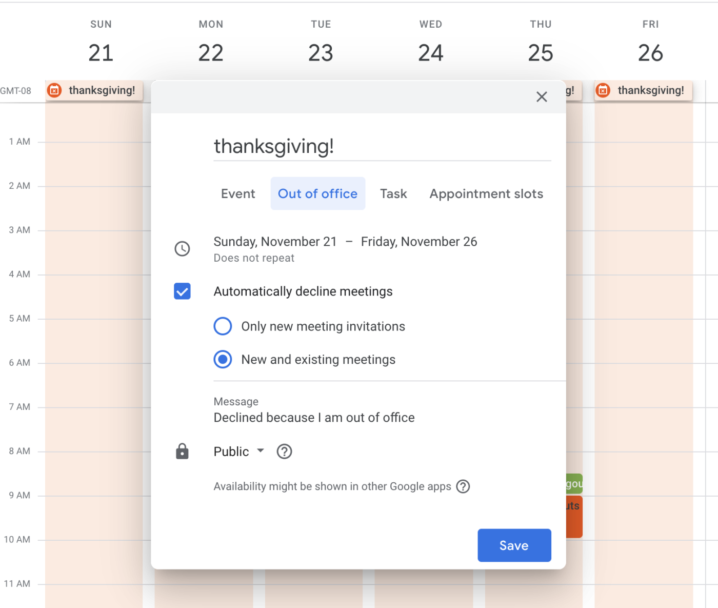 hybrid-remote-work-google-calendar-features-05-out-of-office Una captura de pantalla de la selección de fuera de la oficina para el tipo de evento