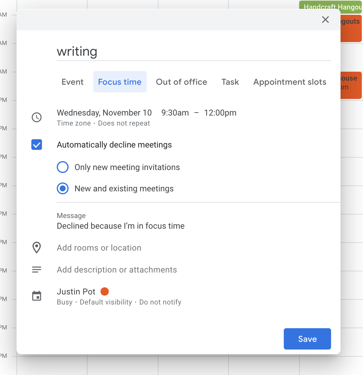 hybrid-remote-work-google-calendar-features-07-set-focus-time Una captura de pantalla de la configuración del tiempo de enfoque en Google Calendar