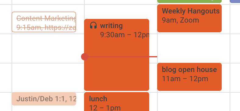 hybrid-remote-work-google-calendar-features-08-focus-time-on-calendar Una captura de pantalla del icono de los auriculares que indica el tiempo de enfoque en Google Calendar