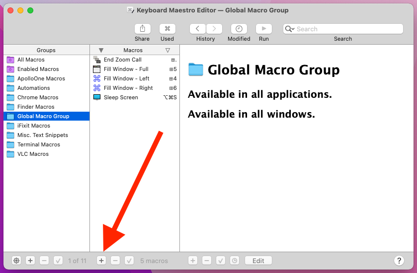 El signo m&aacute;s para agregar una nueva macro en Keyboard Maestro