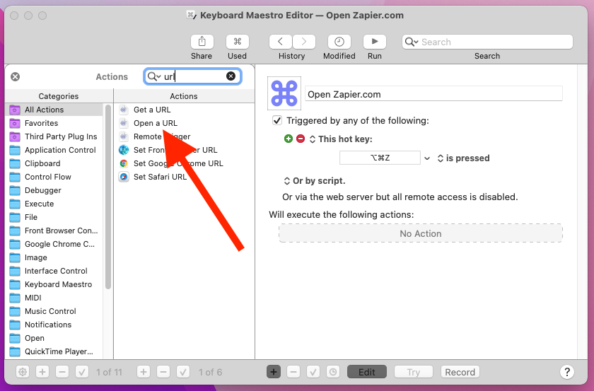 Una captura de pantalla de Keyboard Maestro, buscando "url" y seleccionando "Abrir una URL"