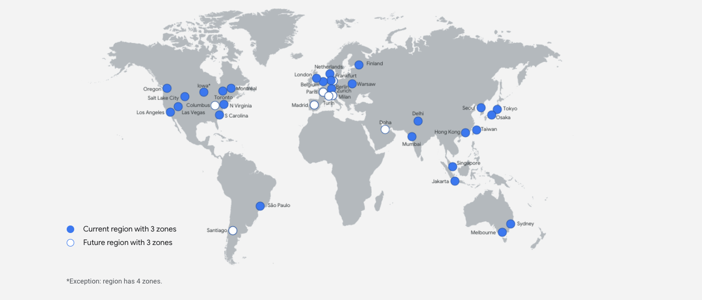 Las 7 principales ventajas de elegir Google Cloud Hosting (2021) Un mapa mundial de las regiones de Google Cloud.
