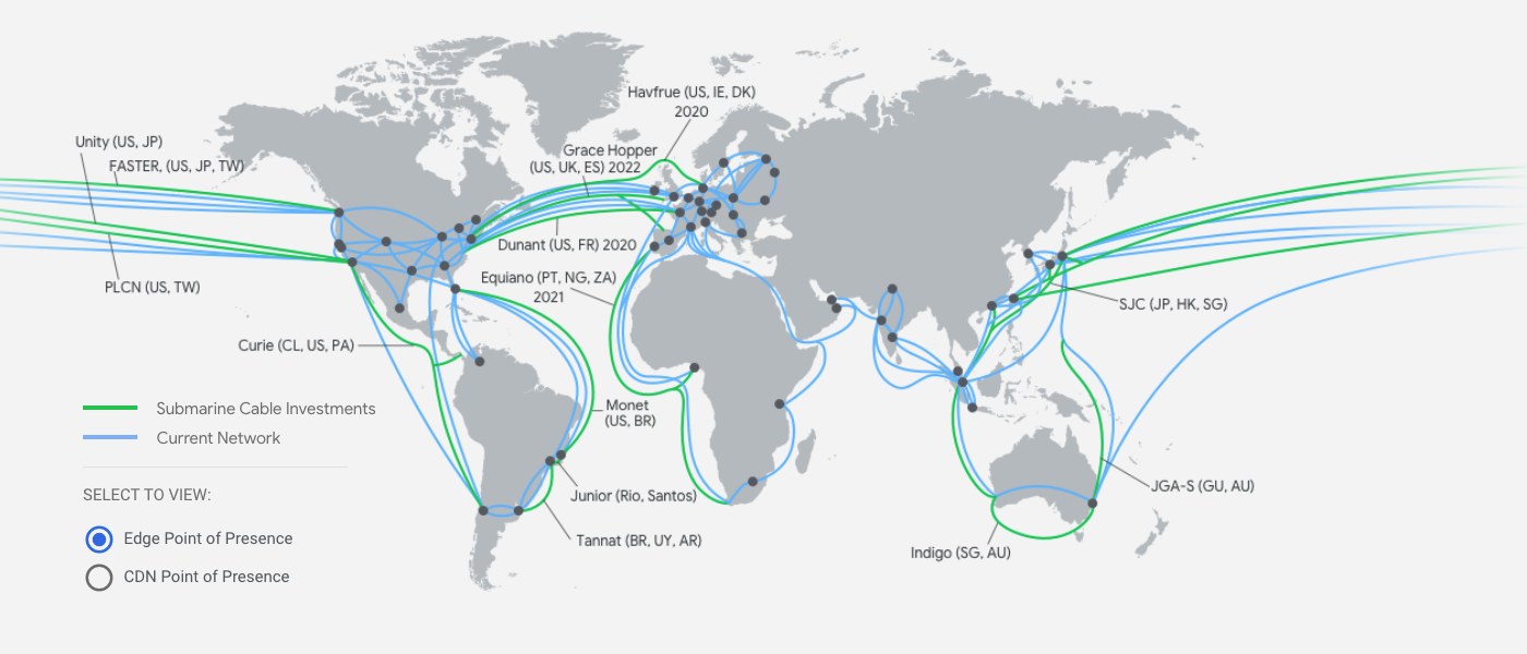 Las 7 principales ventajas de elegir Google Cloud Hosting (2021) Un mapa mundial de la red de Google Cloud.