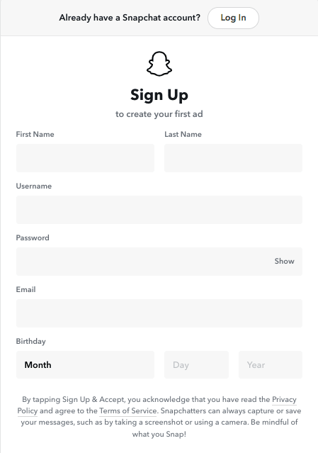 registrarse para obtener una cuenta de Snapchat